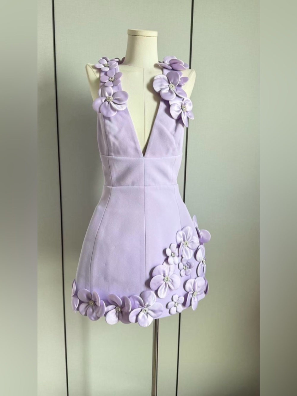 Bronx and Banco Lilac Floral Appliqué V-Neck Mini Dress